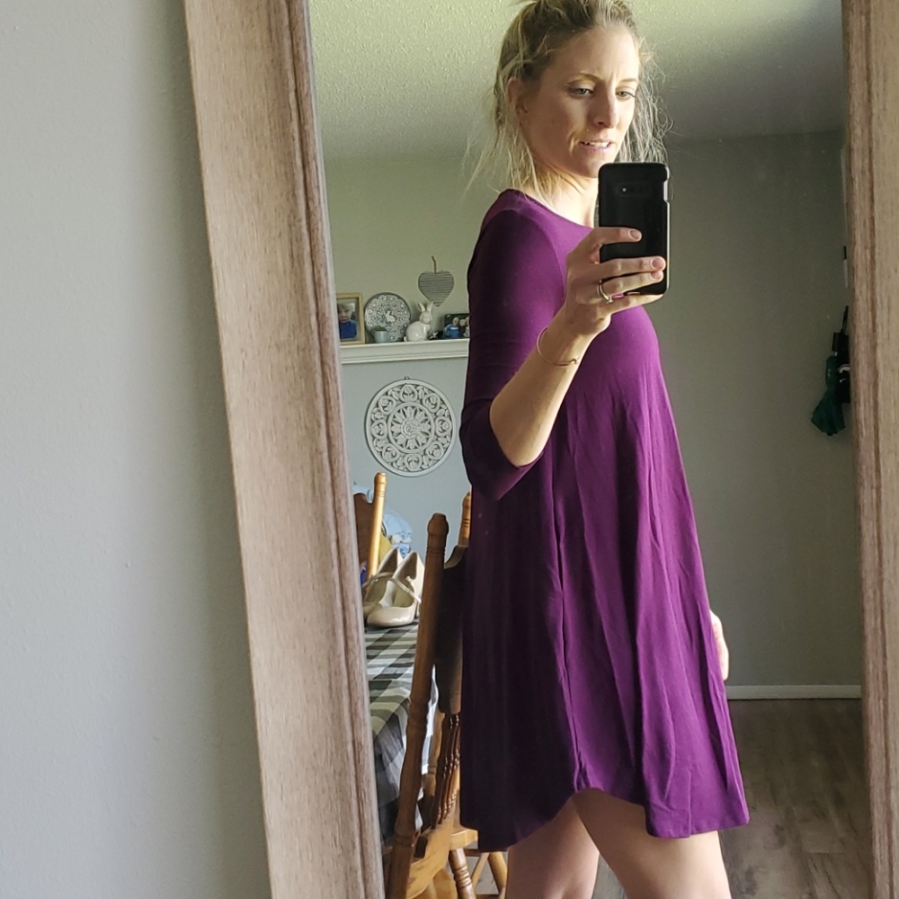 Purple swing dress, 3/4 sleeve